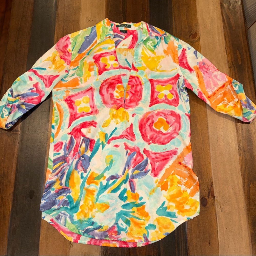 Lauren Ralph Lauren Multicolor Floral Watercolor Print Tunic Blouse